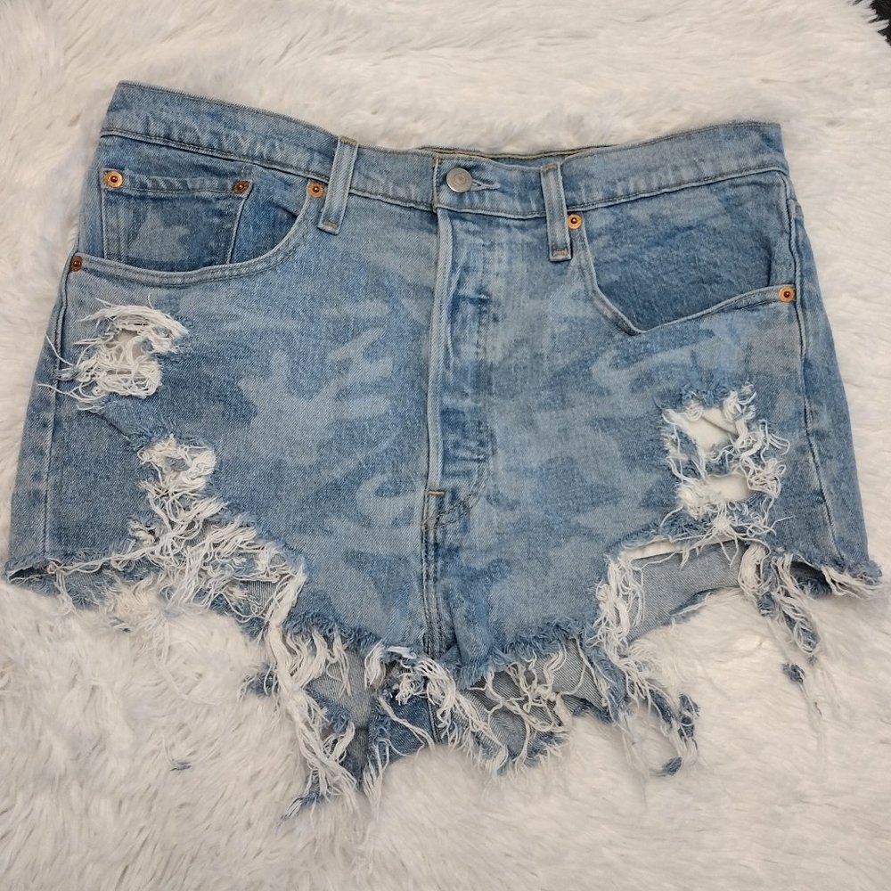 Levi's | 501 Blue Faded Camo Distressed Destroyed Cut Off Denim Jean Shorts